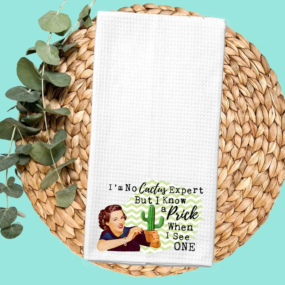 Funny Retro Waffle Weave Kitchen Towel I Know A Prick Cactus Humor White
